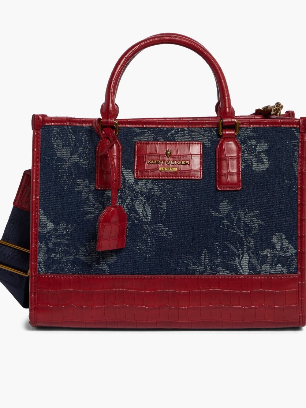 Kurt Geiger Chic Navy Floral Denim Satchel with Red Croc Trim